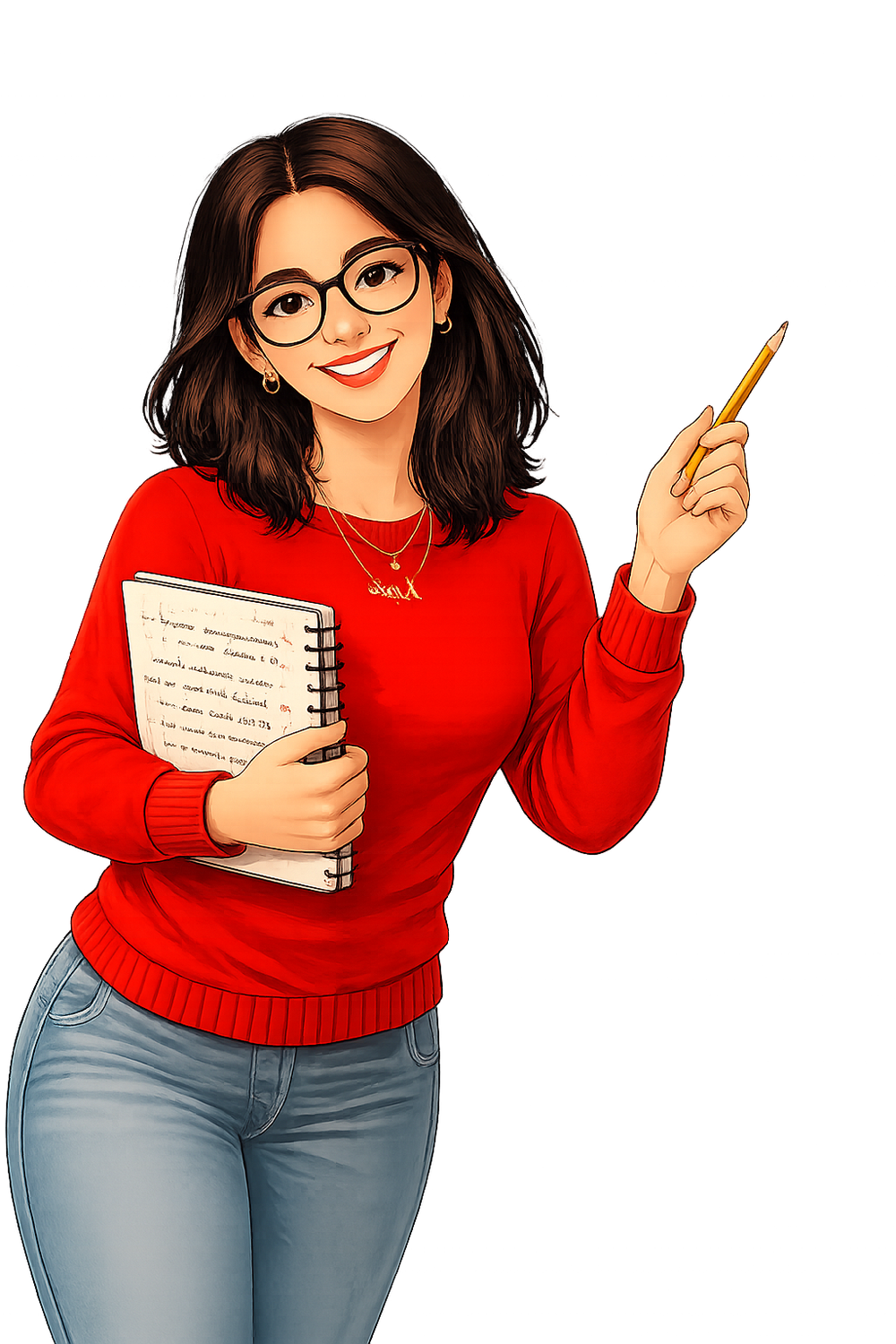 Armary holding her notebook and pointing, ready to teach Spanish